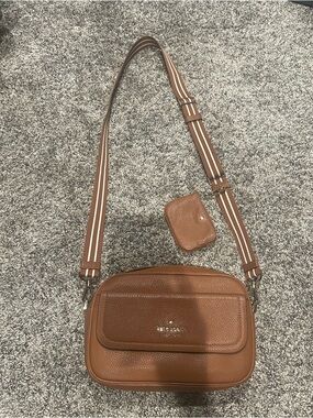 Kate Spade Tan Pebbled Leather Crossbody with Striped Strap and Coin Pouch